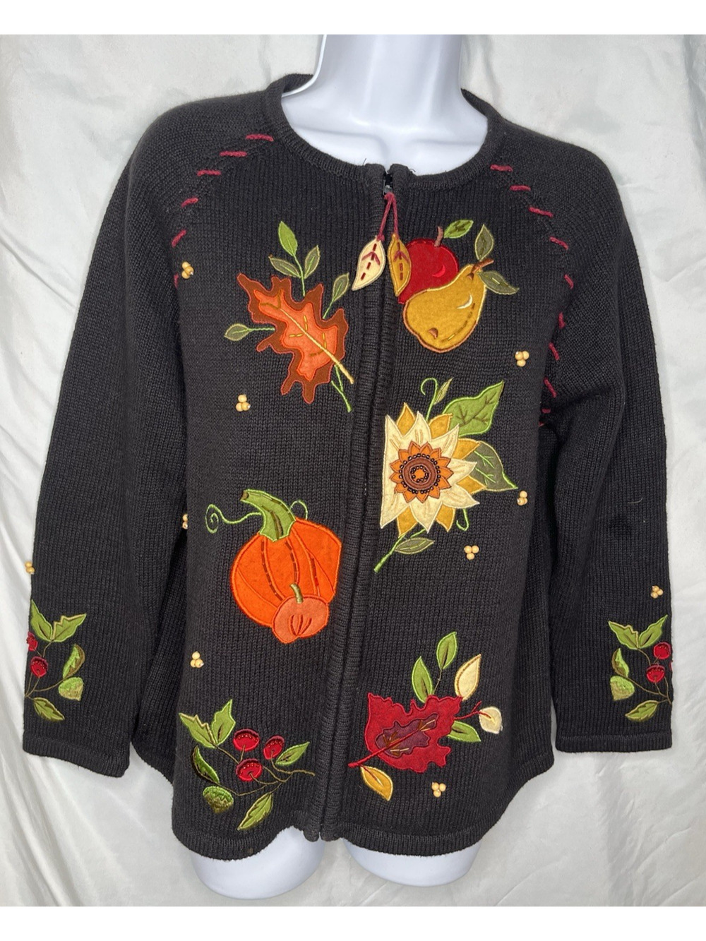 Tiara Fall Cardigan Sweater Pumpkin Leaves Flowers Bead Embellished Small Vintag